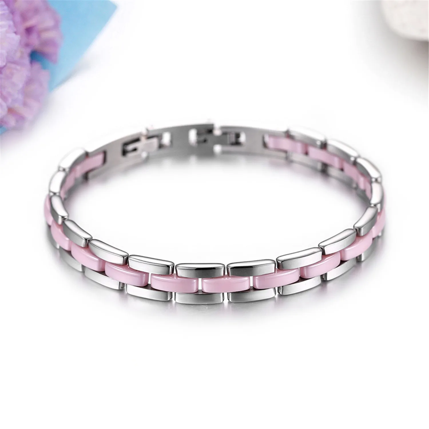 BONISKISS Girls Ceramic Romantic Pink Bracelets Women Stainless Steel Bangle Classic Fashion Jewelry Female Fashion Bijoux