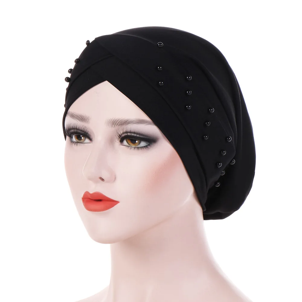 New Women's Elastic Bead Cross Cotton Turban Head Hat Chemo Beanies Cap Headgear Female Headwear Headwrap Hair Accessories