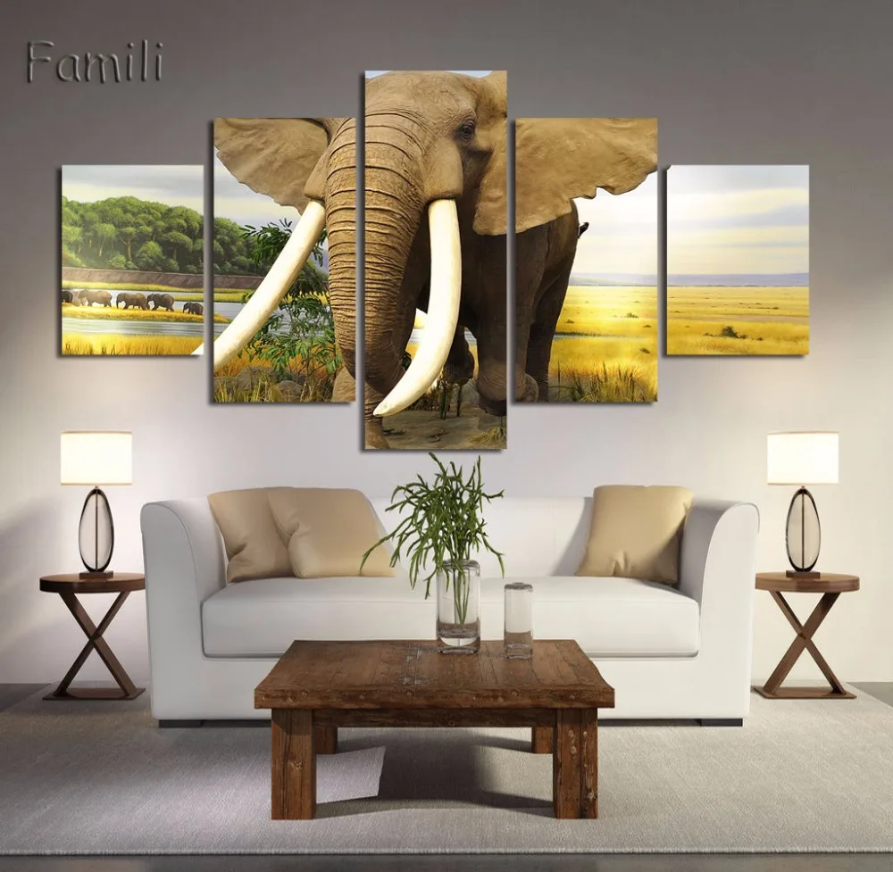 

Modern Wall Art Home Decoration Printed Oil Painting Pictures 5 Panel HD Canvas Prints Elephant on the Wilderness