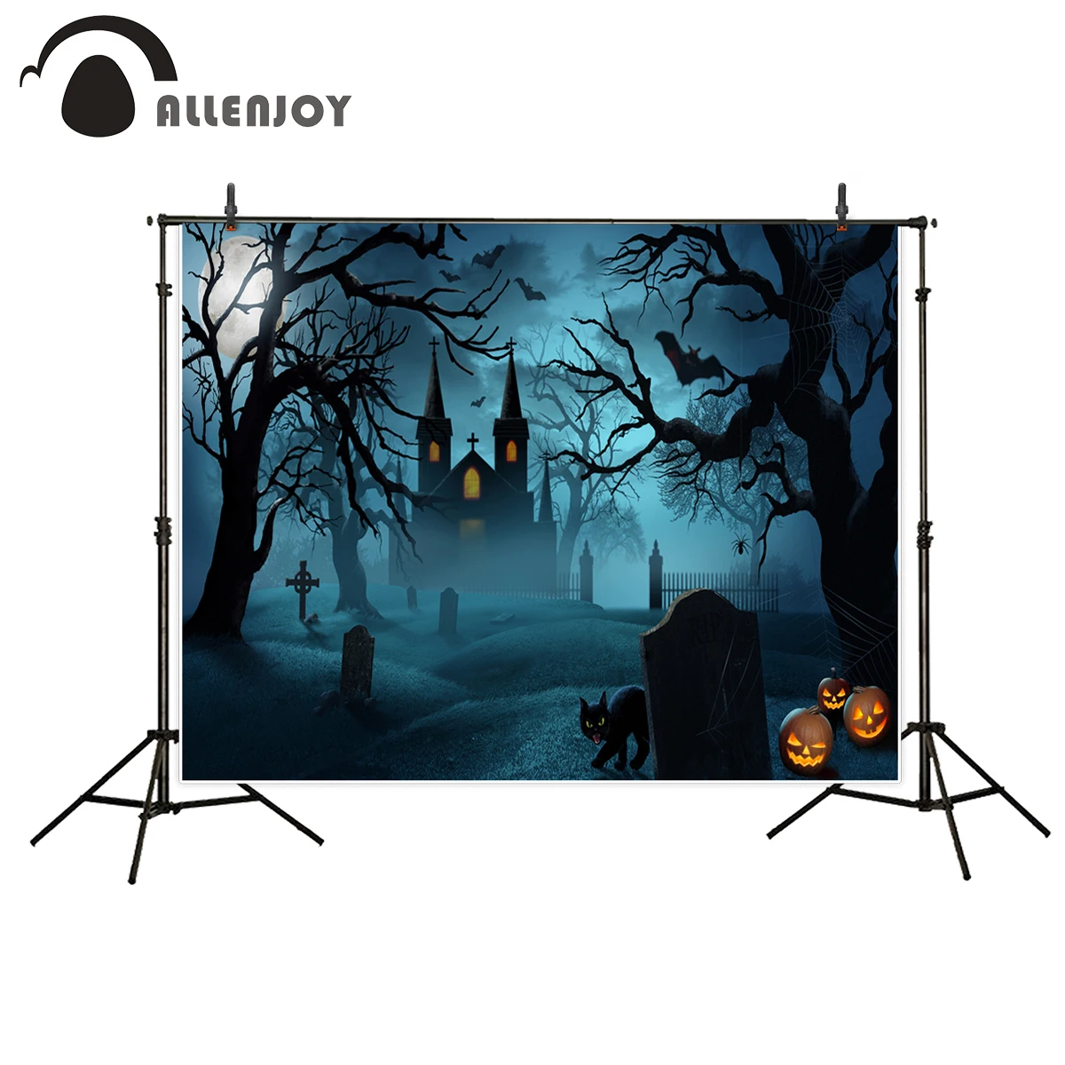 Allenjoy Background Halloween Castle in Night Tombs Moon Forest Crows Pumpkin Lamp Horrible Photostudio for a Photo Shoot