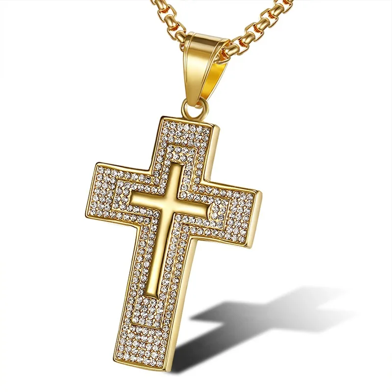 Hip Hop gold color Jewelry Large Cross Pendant Iced Out Shining zircon Fashion Bling Bling Cross Men Chain Necklace Jewelry