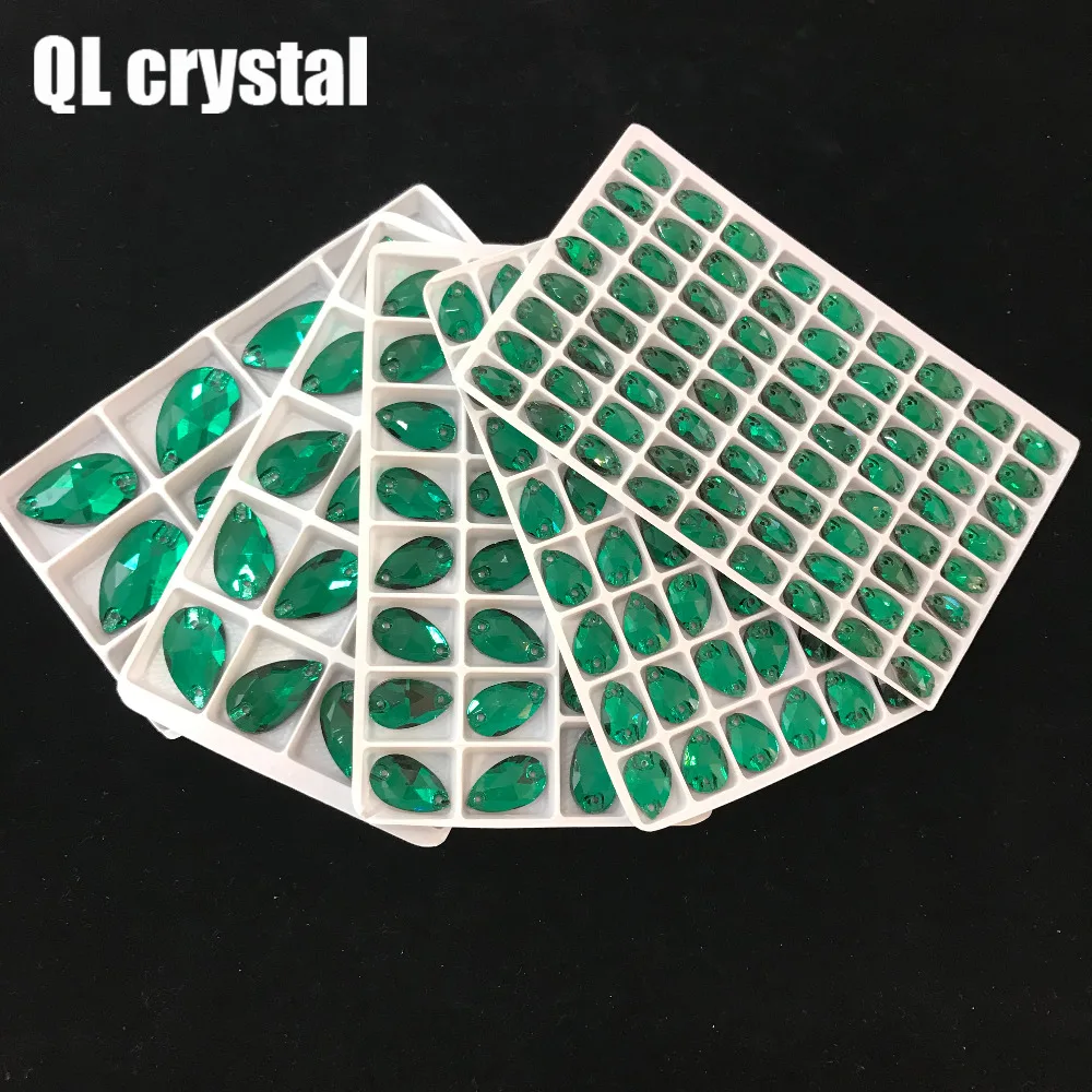 QL Crystal 2019 popular Malachite green Drops Sew On Crystals for Craft Sewing On Rhinestone 2 Holes DIY Garment Dress Making