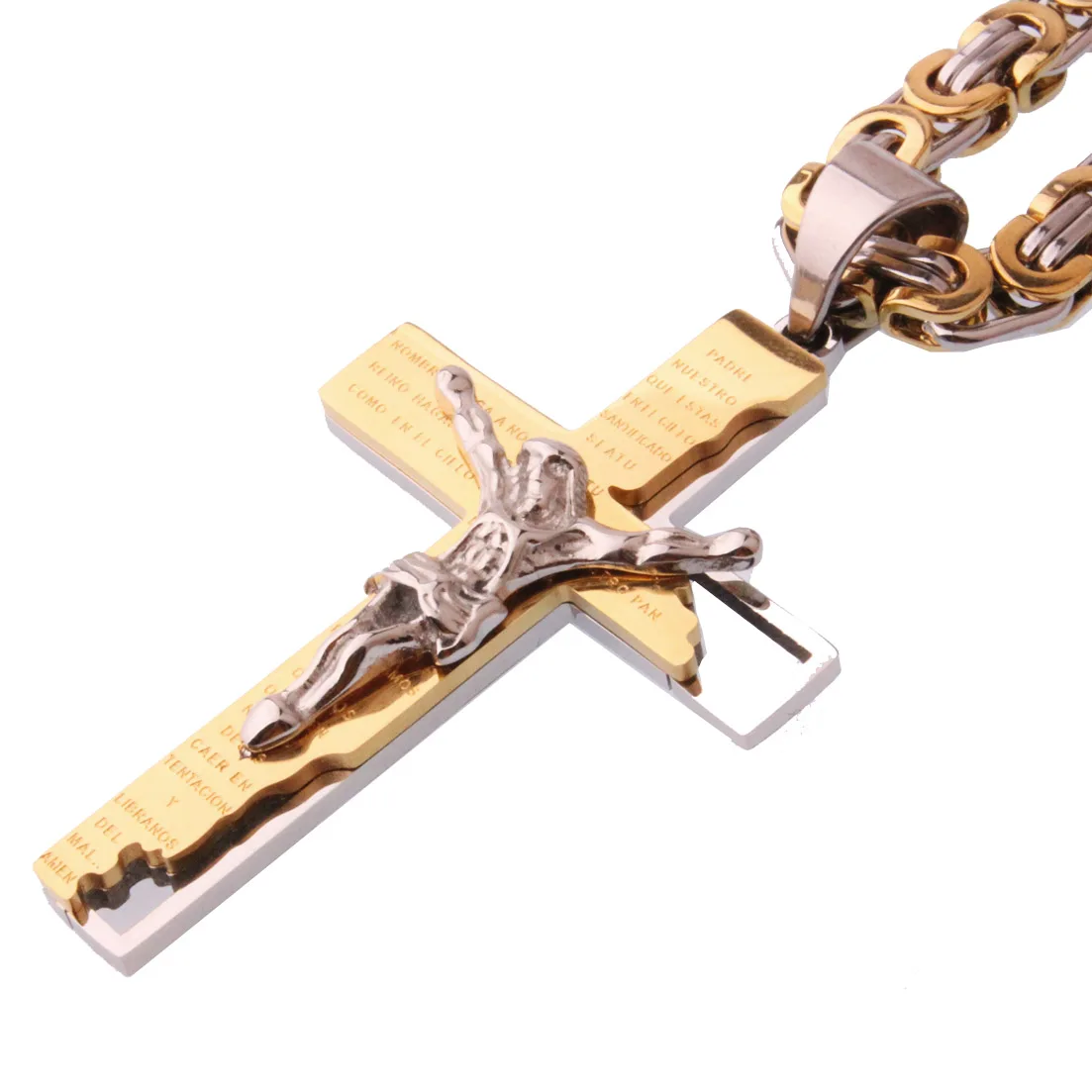 Men\'s Stainless Steel Jesus Christ Holy Crucifix Cross Pendants Necklaces 6mm Gold Byzantine Chain Necklaces Boys Gifts Jewelry