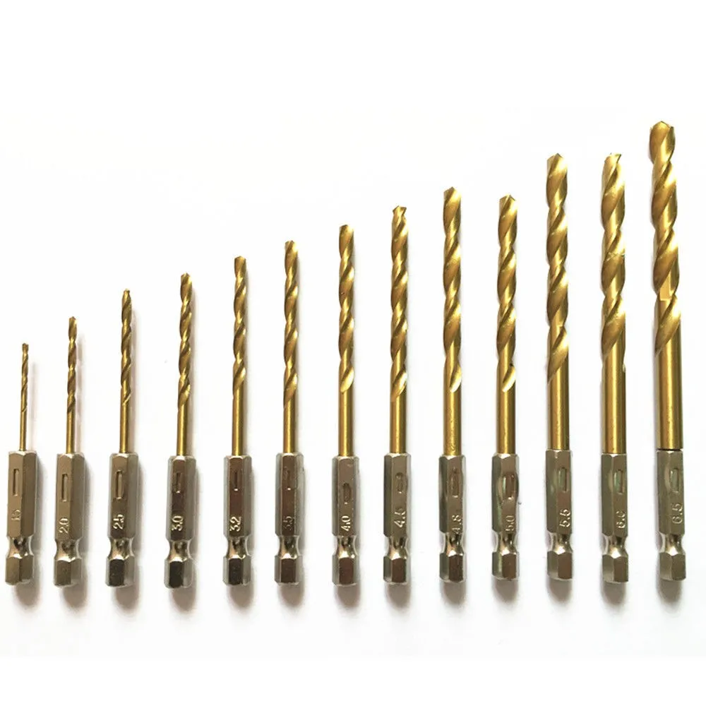 13pcs/set HSS High Speed Steel Titanium Coated Drill Bit Set 1/4 Hex Shank 1.5-6.5mm Screwdriver Twist Drill Bit