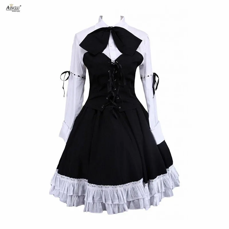 Lolita Kleid Anzüge Baumwolle Weiß Mit Langen Ärmeln Lolita Bluse und Schwarze Lolita Rock Punk Nette Mädchen Lolita Anzüge Party Club XS-XXL