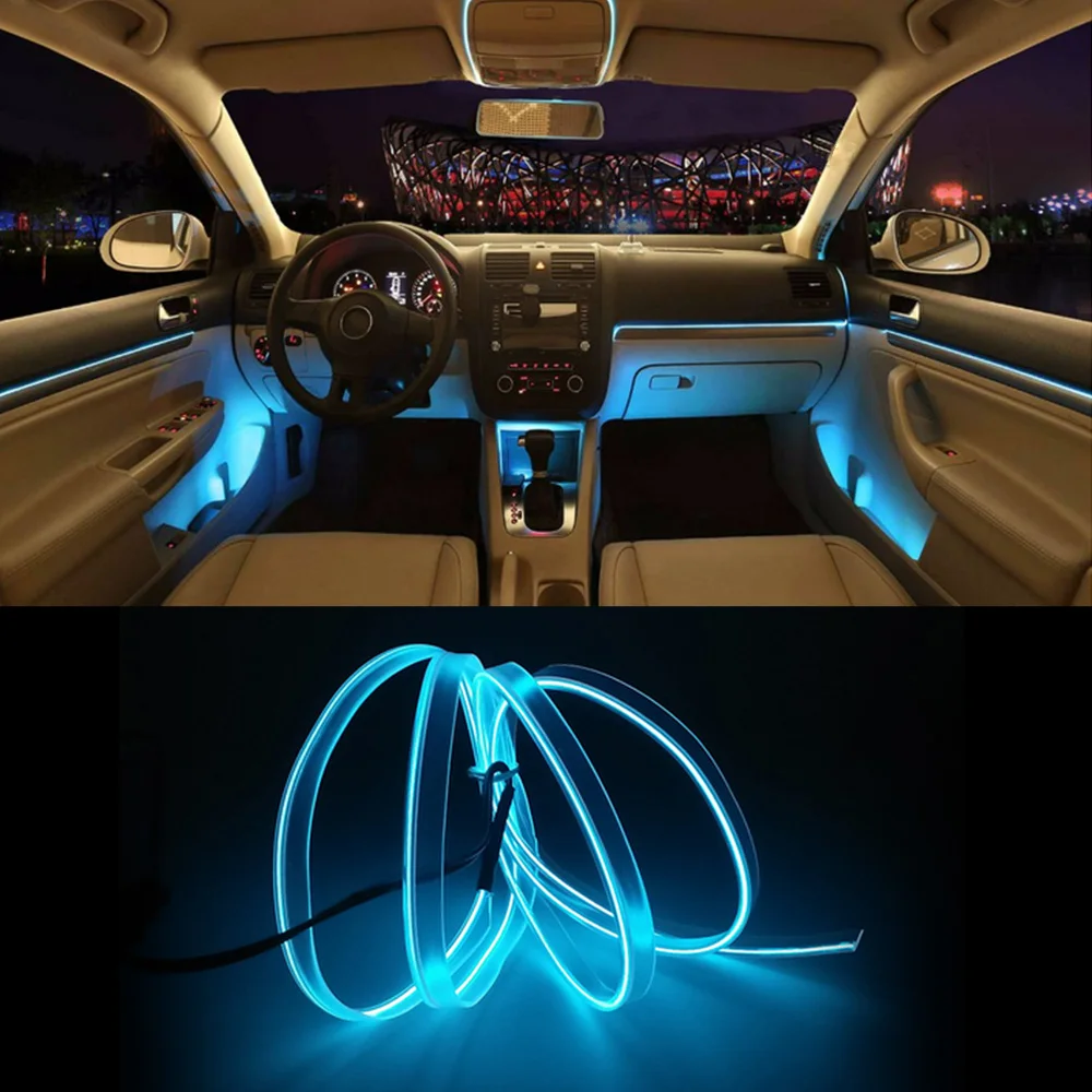 1m Car Interior Atmosphere Light Mouldings Cold Line Wire USB/Cigarette Lighter/Battery Case Decorative Dashboard Console Lamp