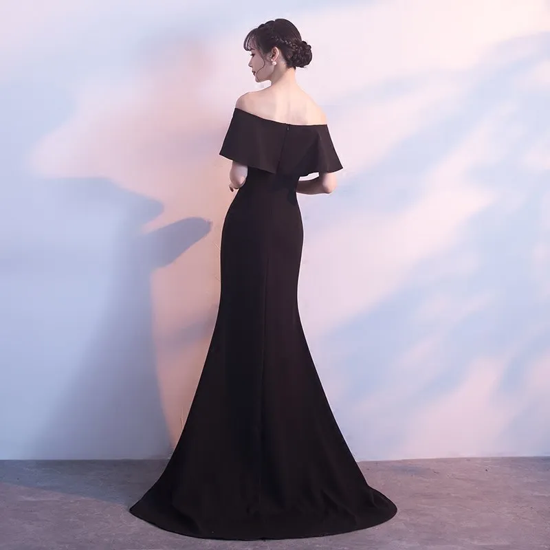 DongCMY Formal Long Black Evening Dress Backless Boat Neck Mermaid Sweep Train Party Women Dresses