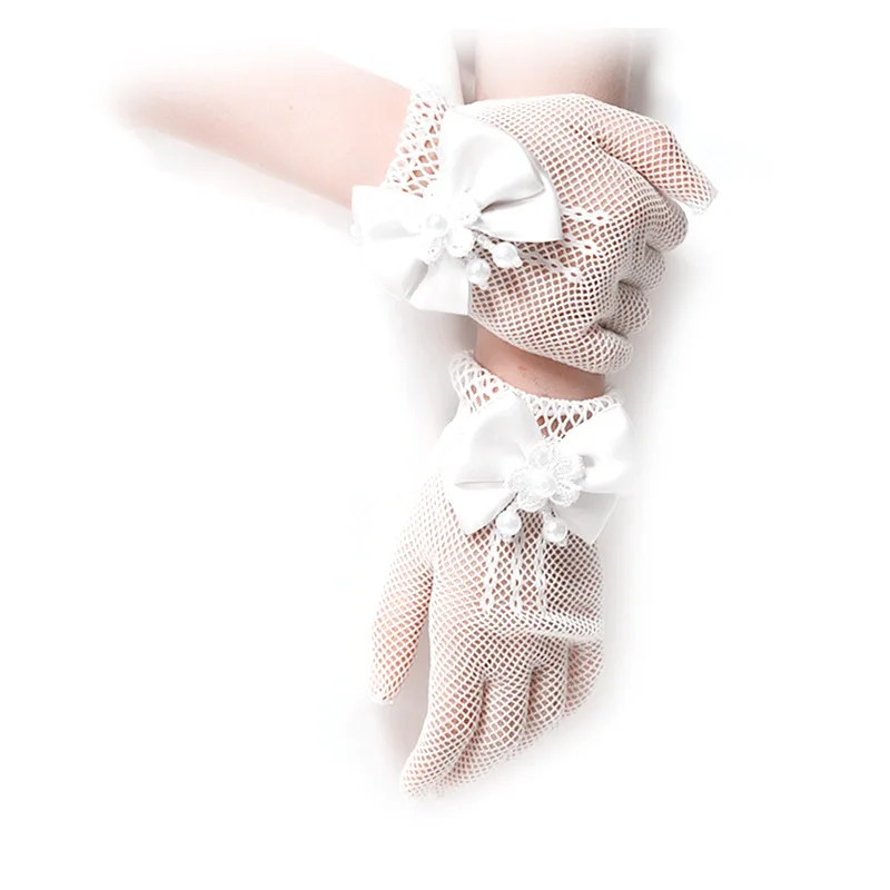 Gants de mariage en perles pour filles, accessoires de vacances en maille pour enfants, avec spectacle avec nœud d'anniversaire pour Halloween