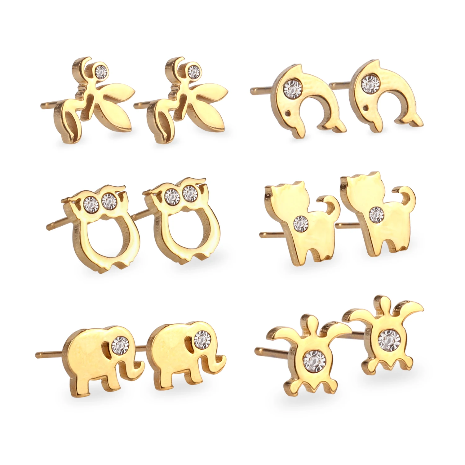 LUXUSTEEL 6Pairs Box Earring Sets Ladies/Girl/ Woman Gift Stainless Steel Cute Animal Stud Earrings Bijoux Brinco Mujier Party