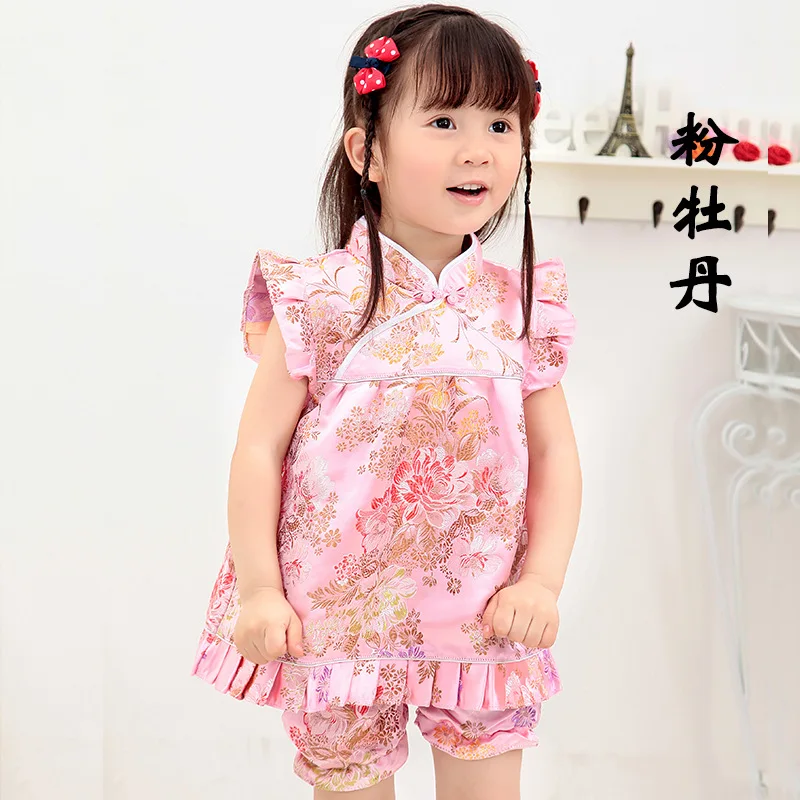 Gold Girls QIPAO Sets 2020 Summer Baby Girls Clothes Set Children Clothing Top Quality 0 1 2 3 4 Years Rose Flower Girl Dress