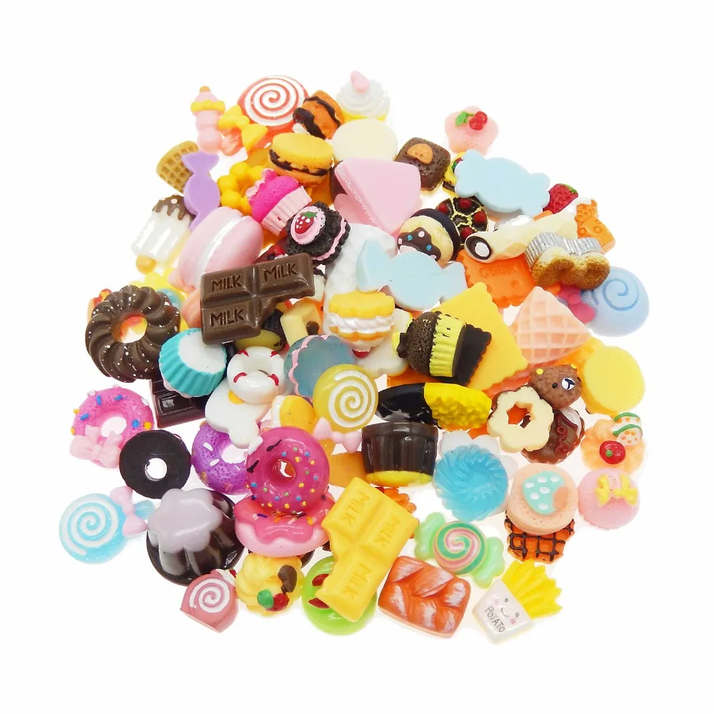 100pcs Mix Resin Food Shape Colorful Flatback Jewelry Dessert Cookie Cake Bread Candy Icecream Lollipops Cabochons Slime Charms