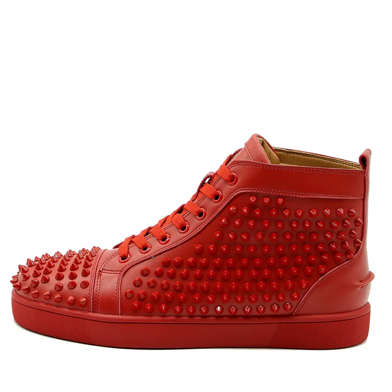 Qianruiti Rivets shoes Lace-up High-top Sneakers Men Fashion Round Toe Leather Red Blue Black Spike Leisure Casual Shoes