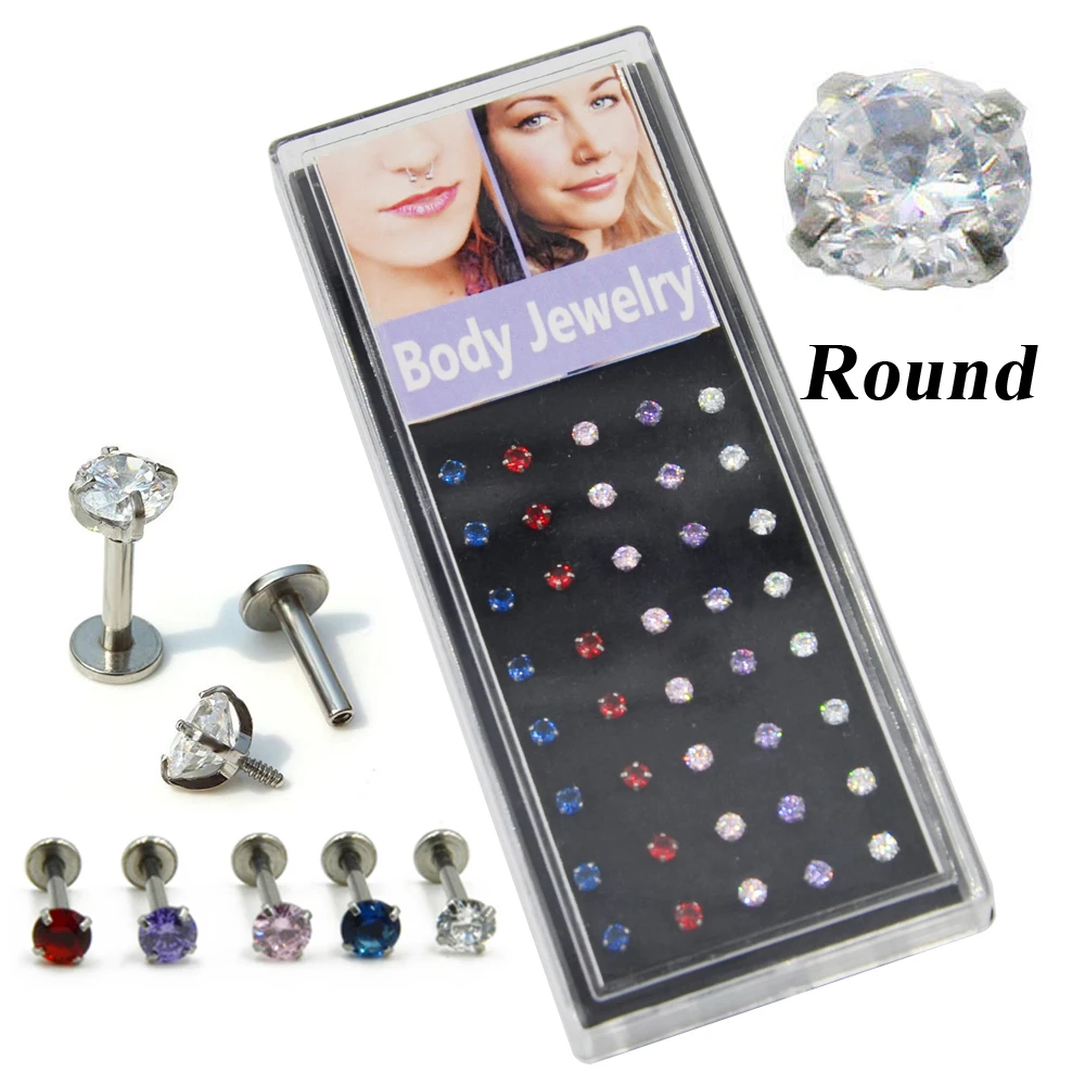 80pieces Fashion Round Circle Cubic Zircon Stone Crystal Labret Stud Lips Piercing Rings Jewelry Ear Helix Tragus Cartilage