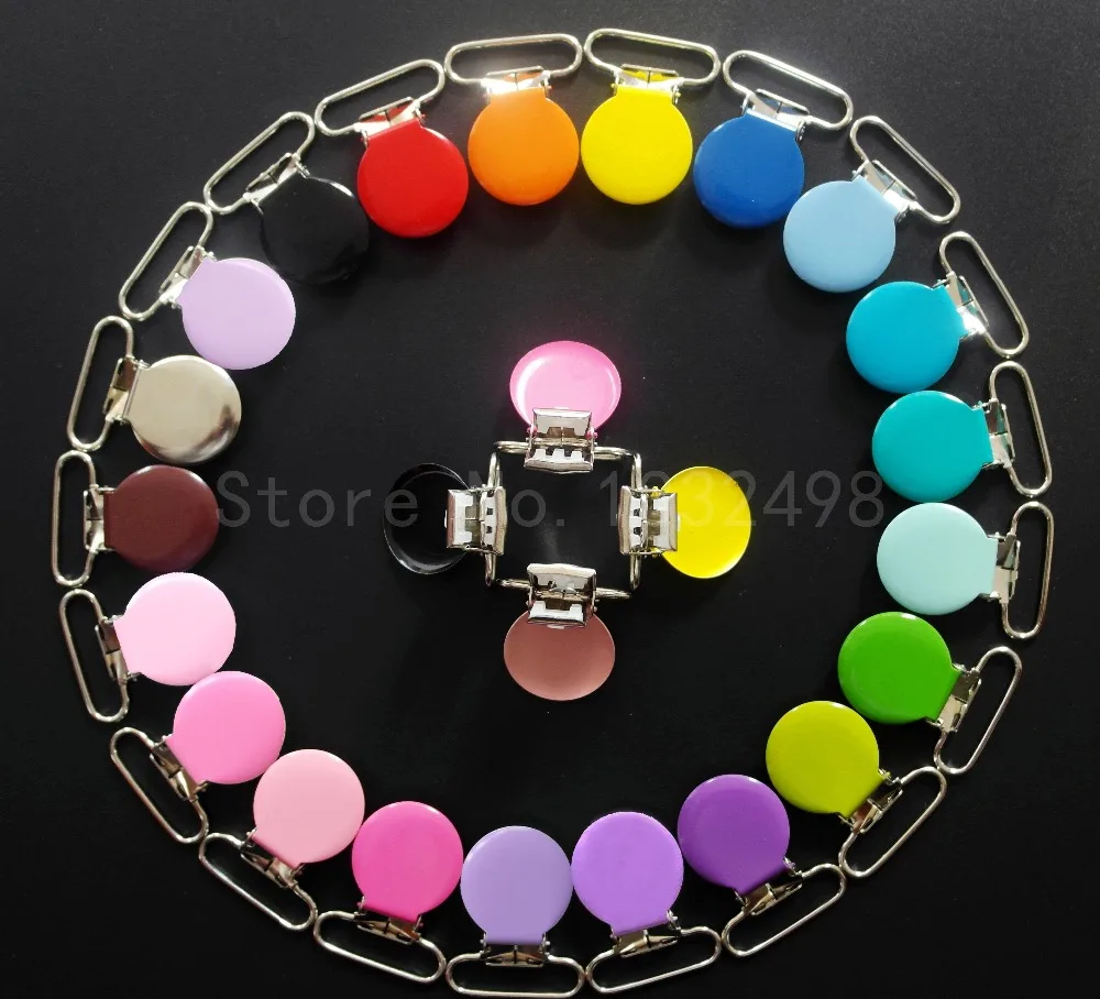 

Wholesale 210 Pcs Enamel Round Metal Suspender Clips for Baby Pacifiers Holders 25mm Garment Clips