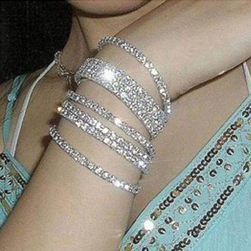 5pcs/lot Shiny Crystal Bracelets For Women Silver Color Rhinestone Stretchy Bracelets Bangles Female Wedding Prom Jewelry