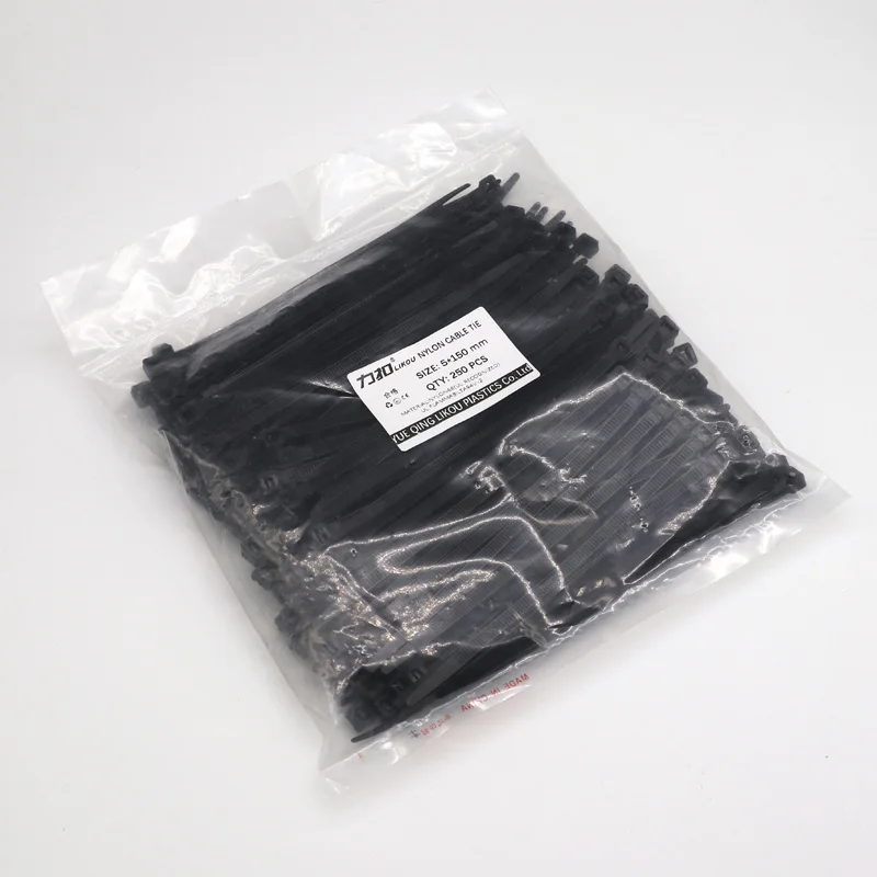 LIKOU Nylon cable tie 5x150 5x200 5x300 5x400 5x500 width4.8mm wholesale Plastic self-locking cable ties straps 250PCS black
