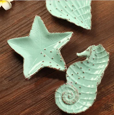 Creative Mediterranean fashion ceramic small fruit plate soap box dish starfish dish hippocampus conch dishes tableware ~