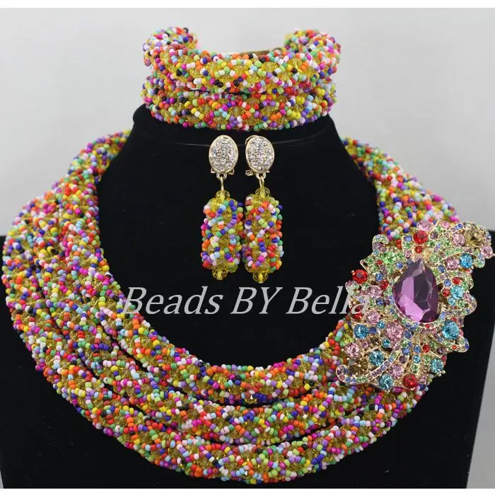 

Multicolor Crystal Beads Necklace New Nigerian Wedding African Beads Jewelry Set Indian Bridal Jewelry Sets Free ShippingABF534