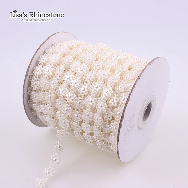 2 Yard Artificial Ivory White Six petal flower Lace Flatback Pearl Beads Chain DIY Garland Wedding Decoration