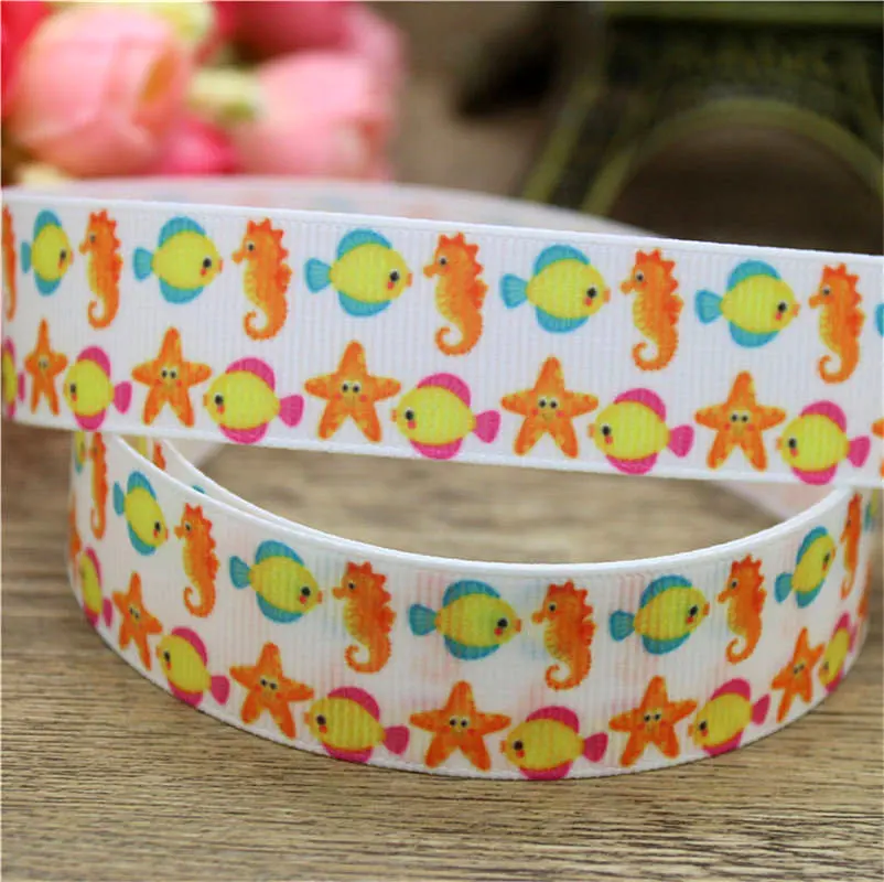 DUWES 50yards fish christmas mustache printed grosgrain Ribbon Accessory hairbow headwear decoration Wholesale OEM DIY D904