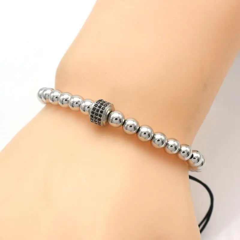 Pulsera Tubular redonda de circón negro para hombre, brazalete de cuentas de cobre trenzado hecho a mano, Micro pavé, joyería