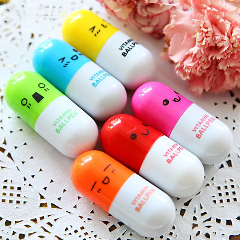 6pcs Cute Facial Expressions Telescopic Capsule Ball pens Smiling Face Ballpoint Pen Vitamin Stationery