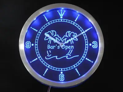 nc0371 Bar is Open Palm Tree Neon Light Signs LED Wall Clock