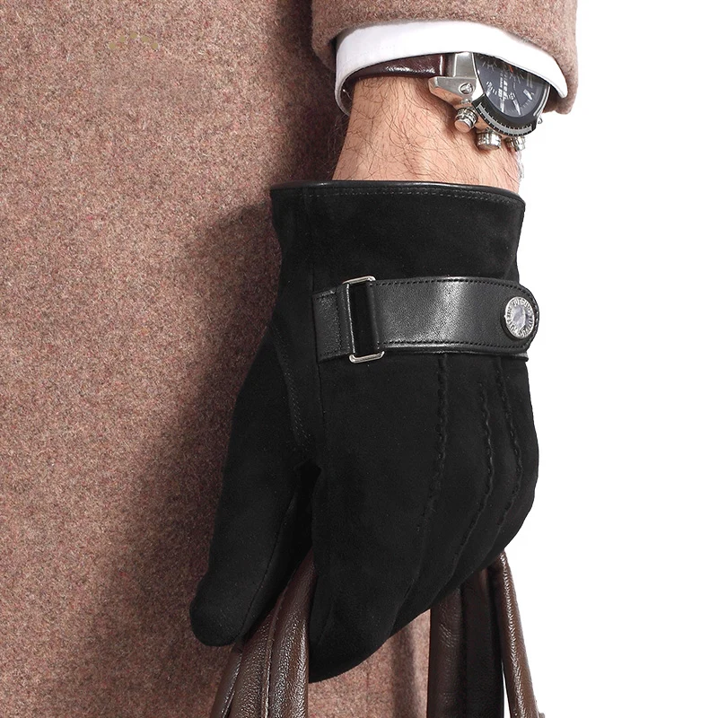 Fashion Trend Genuine Leather Gloves Male Black Suede Sheepskin Gloves Autumn Winter Plush Lined Men Gloves 9007