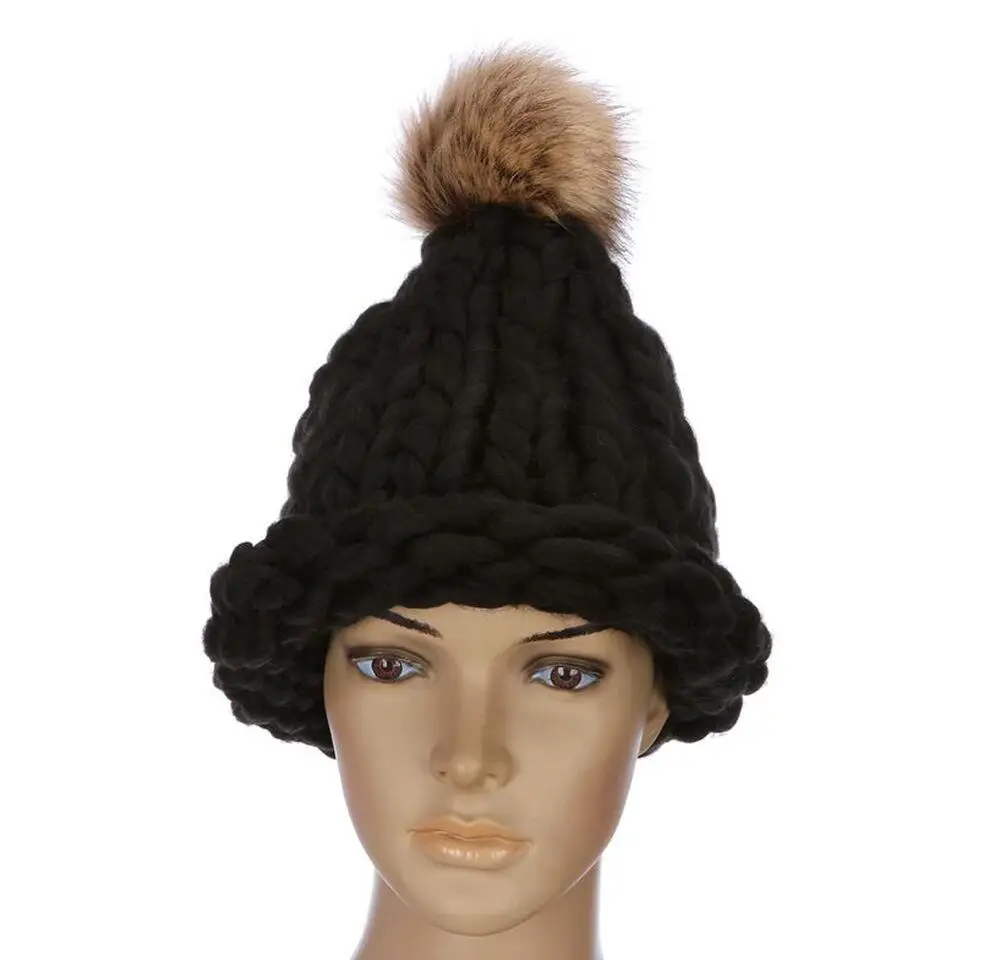 new Casual Beanies Women Thick lines Winter Hats Crochet Knitting Wool Cap Fur Pompons Ball Warm Gorros Outdoor Thick Female Cap image 3