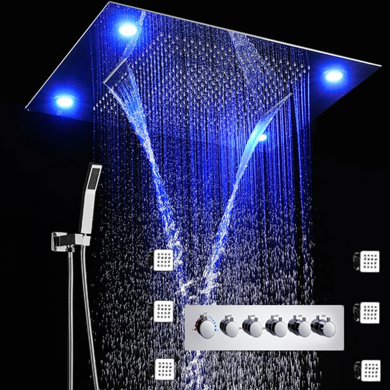 5 Functions LED Shower Faucets Set Concealed Ceiling 600x800 mm Large Showerhead Rainfall Waterfall Top Shower Body Jets Massage