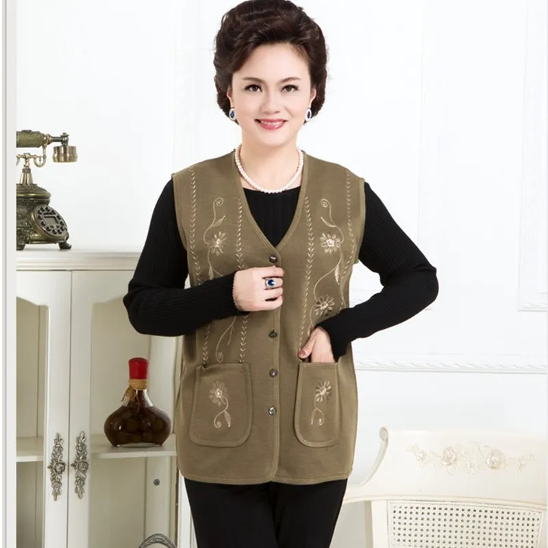 UHYTGF Women Vest Knit Cardigan Spring Autumn Vest Waistcoat Fashion Embroidered Mother Thin Loose Size Vests Female Sweater 708