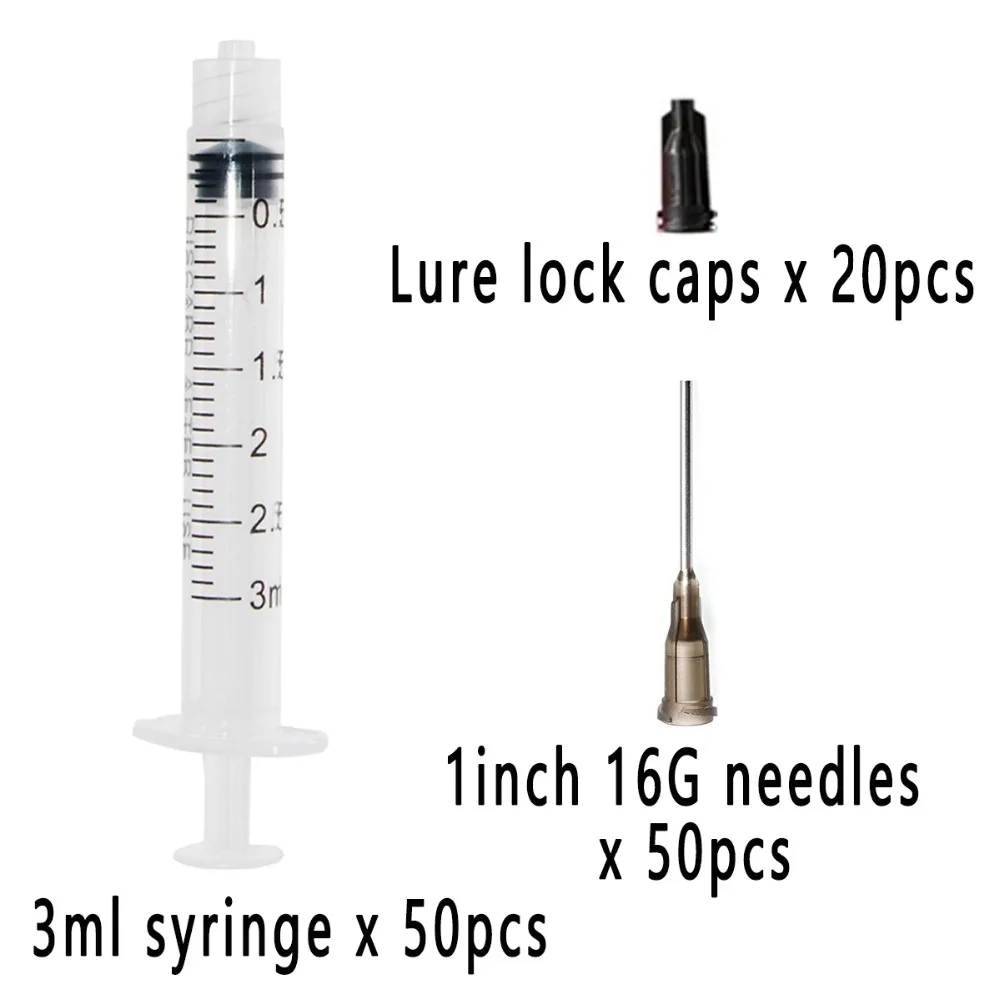 50sets ,  Plastic Syringe 3ml with 1inch 16G Blunt Tip Needles For Lab and Industrial Dispensing Adhesives Glue Soldering Paste