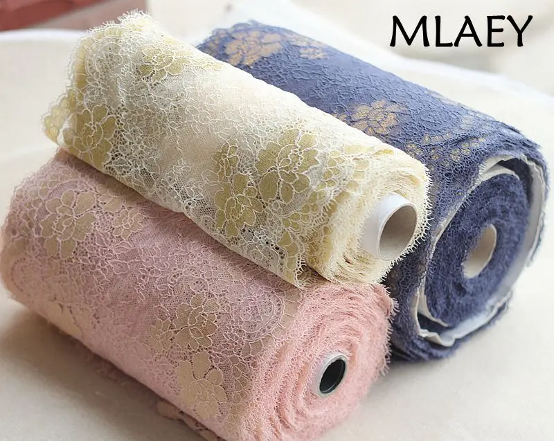 MLAEY 2yards Width 23cm Golden Elastic Stretch Lace Trim Soft Floral Decoration Crafts Sewing Lace Fabric For Dress Making