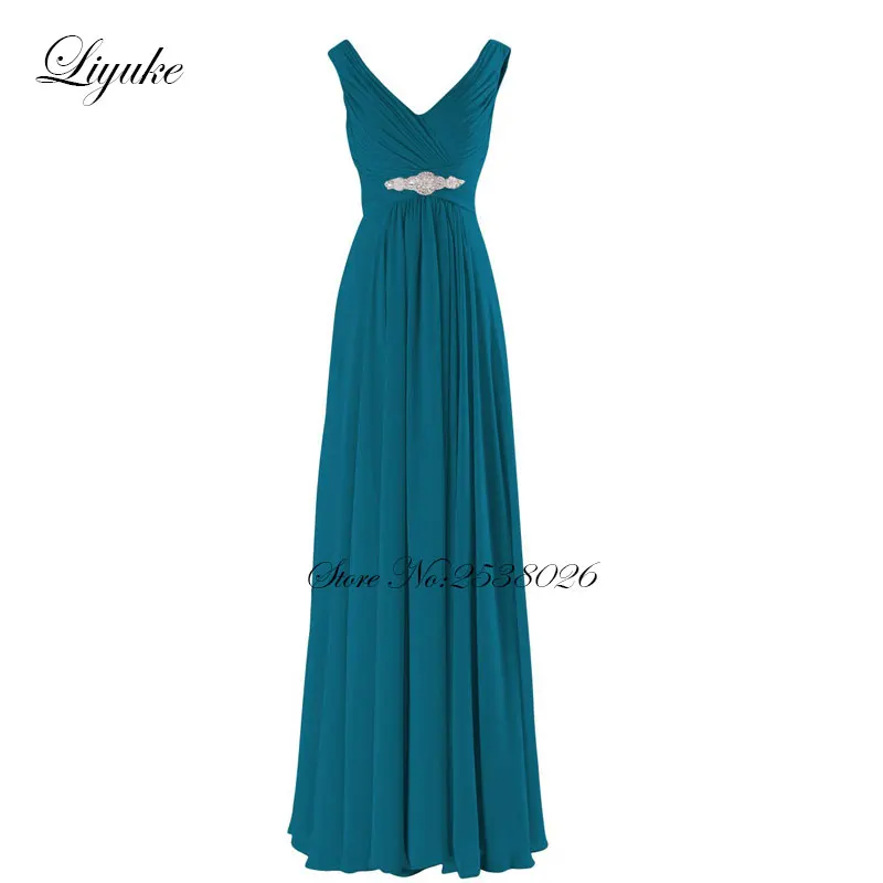 Liyuke Spaghetti Straps Chiffon Long Formal Dress Simple Elegant V-Neckline A line Bridesmaid Dresses With Cute Sash Beading