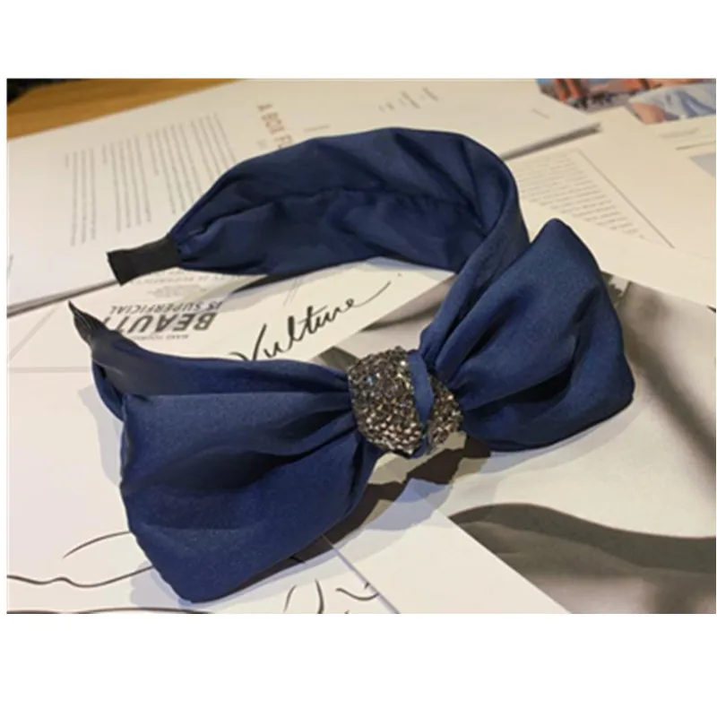 Navy Blue Color Side Bowknot Headband Crystals Women Solid Bow Knotted Hairband Teen Girls Silk Outdoor Satin Headband Crystals