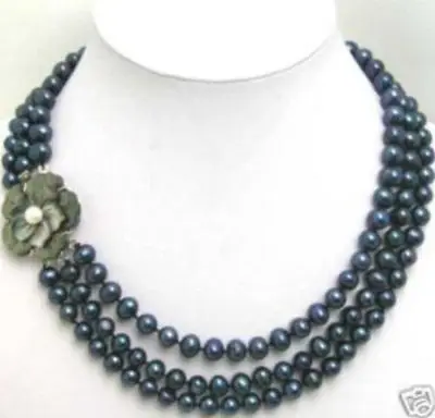 

FREE SHIPPING HOT sell new Style 3Row 7-8mm Black pearl Necklace Flwoer Shell Clasp