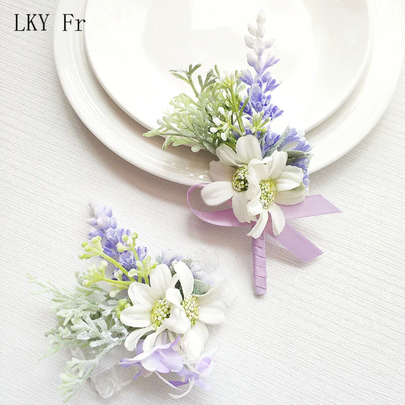 LKY Fr boda Boutonniere Pin blanco seda Rosa muñeca ramillete pulsera dama de honor flor novio broche boda puño muñeca ramillete