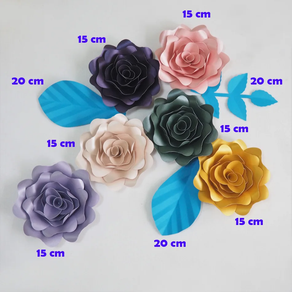 DIY Artificial Flowers Fleurs Artificielles Backdrop Giant Paper Rose 5PCS + 3 Leaves For  Wedding Party Decoration Bedroom Deco