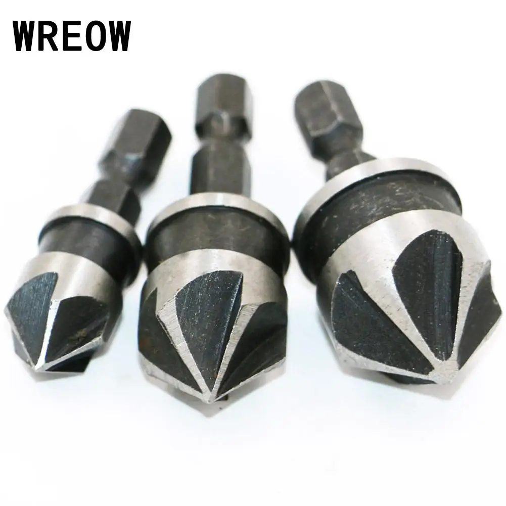 

3Pcs/set New 90 Degree Hex Shank Countersink Drill Bit Hexagonal Shank Five Edge Woodworking Chamfering Debur Counter Sink Set