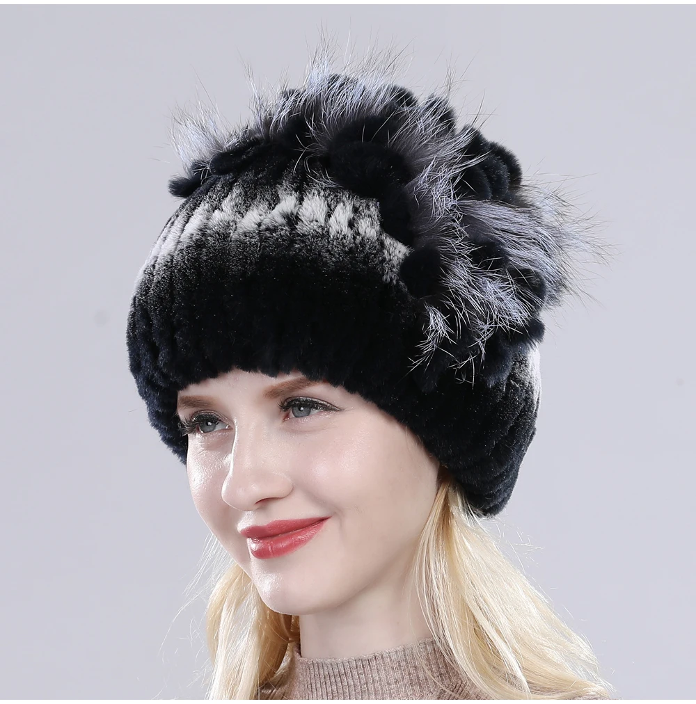 Neue Russische Damen Echt Rex-Kaninchenfell Mützen Luxuriöse Gestrickte Blumen Echte Rex-Kaninchenfell Kappe Winter Echt-Fell Beanie Mütze – Detail 18