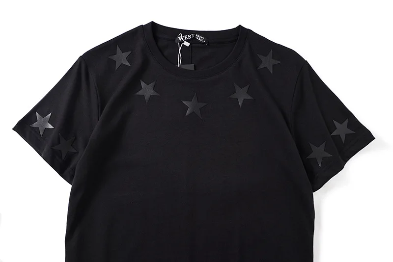 New Novelty 2019 Men Sleeve PU leather stars T Shirts T-Shirt Hip Hop Skateboard Street Cotton T-Shirts Tee Top Kenye #25