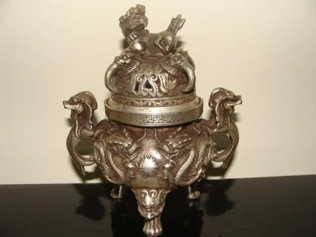 Rare Distinctive Old Ming Dynasty silver censer/ incense stove,Carved dragon,with mark,Free shipping