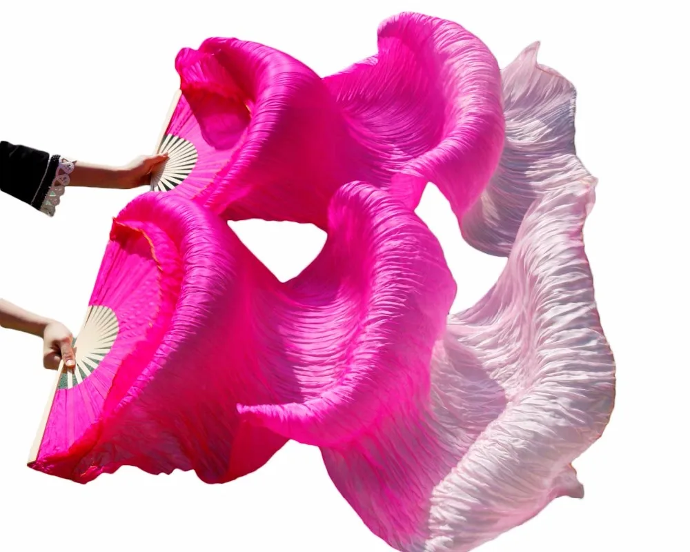 180 *90 cm 100% Silk Bamboo Ribs Long Silk Fans Belly Dance Silk Fans Handmade Dyed Dance Fans Rose red+Pink Can be Customized