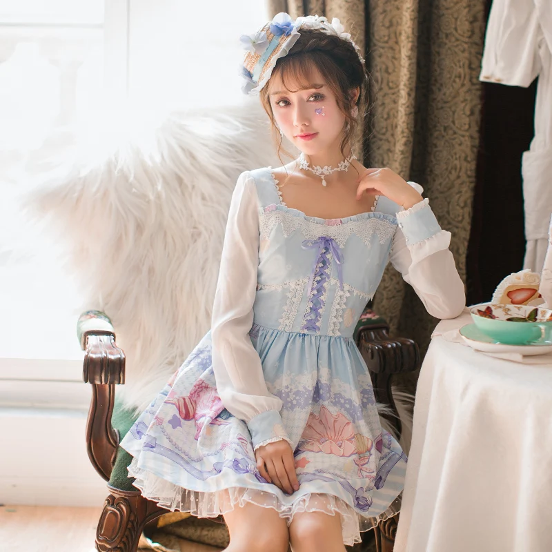 

Princess sweet lolita dress Candy rain Summer new Japanese sweet long sleeved bow printed chiffon dress C22AB7042
