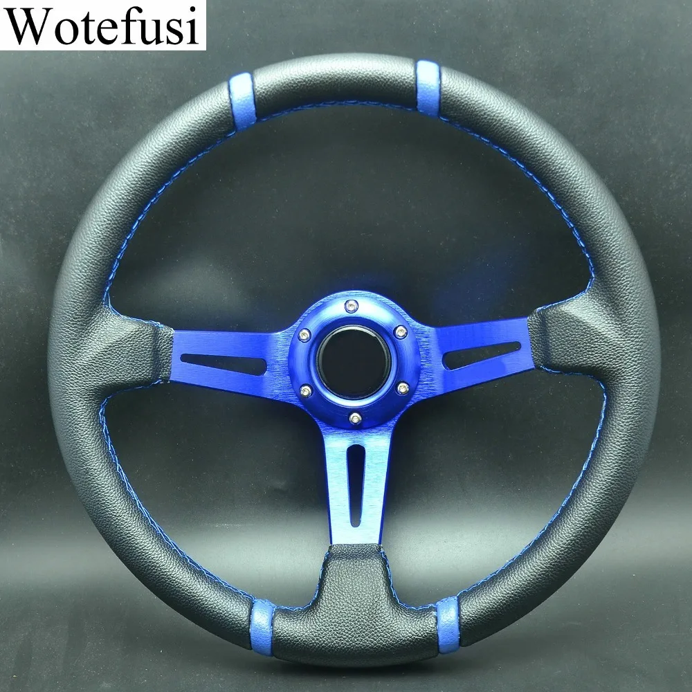 Wotefusi 350mm Deep Dished ABS Alloy Sport Steering Wheel w/ Horn Button Blue + Black [QPA516]