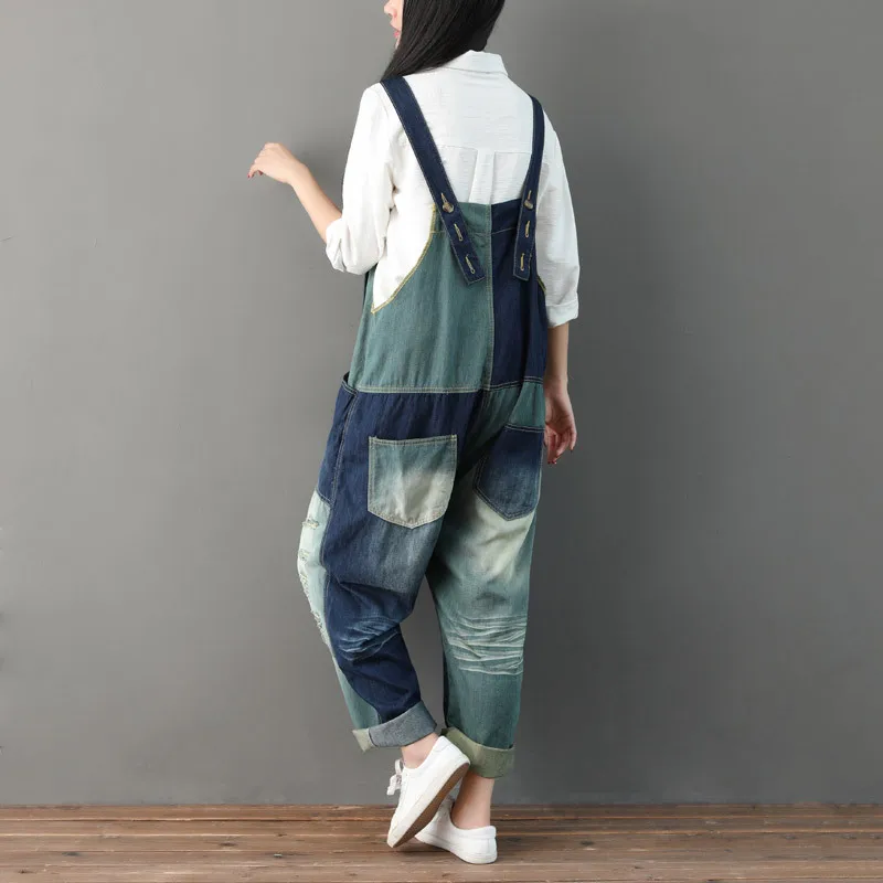 Bib Denim Women Overalls Baggy Jean Jumpsuit Rompers Lady Patchwork Big Pockets Hole Hollow Out Female Suspender Pants