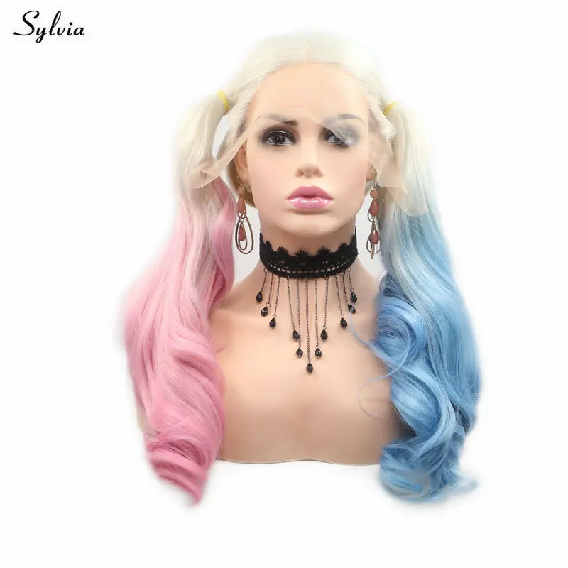 

Sylvia Long Wavy Heat Resistant Synthetic Lace Front Wig for Women Blonde Ombre Half Blue/Half Pink Wig Halloween Cosplay Wig