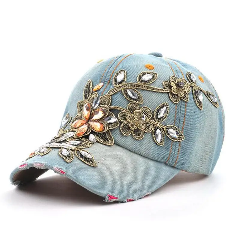 COKK Women's Baseball Cap Diamond Painting Embroidery Flower Denim Snapback Hats Jeans Woman Female Cap Cowboy Summer Sun Hat