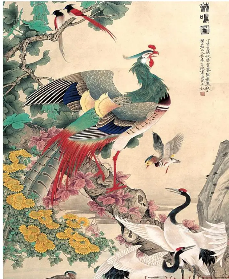 A hundred birds are paying homage to a phoenix  Chinese Art Painting Home Office Decoration Chinese paintingPrinted painting