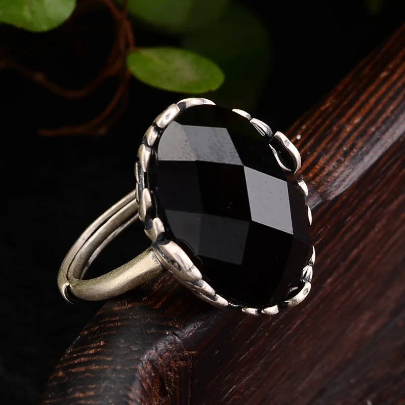 925 silver ring openings, female ingredients, chalcedony Black red pomegranate, retro ring,